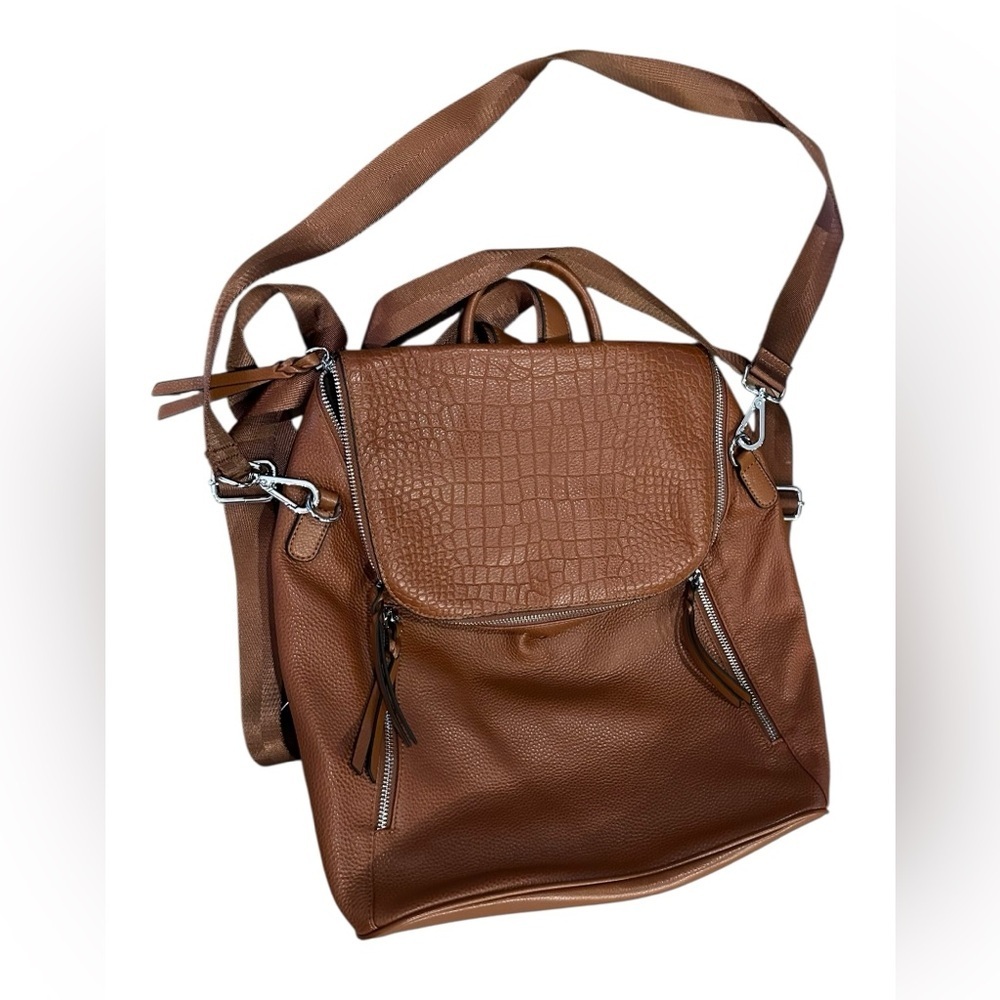 Cluci Brown Leather Backpack Crossbody Computer Bag NWOT - Picture 2 of 9